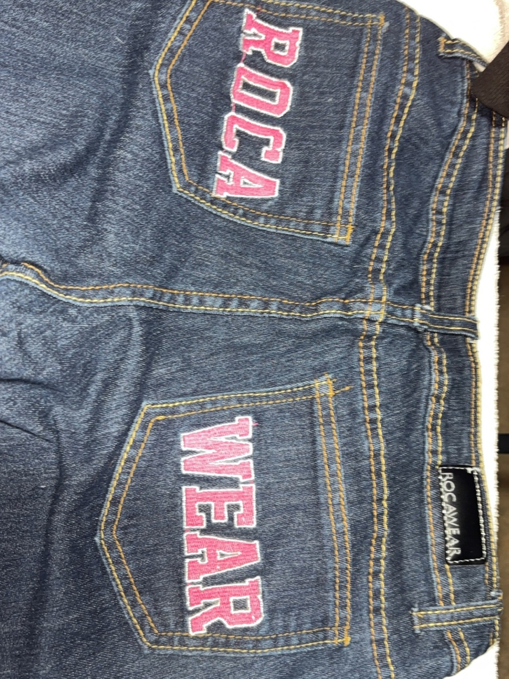 Rocawear Men's Dark Blue Jeans with Pink Pocket Lettering